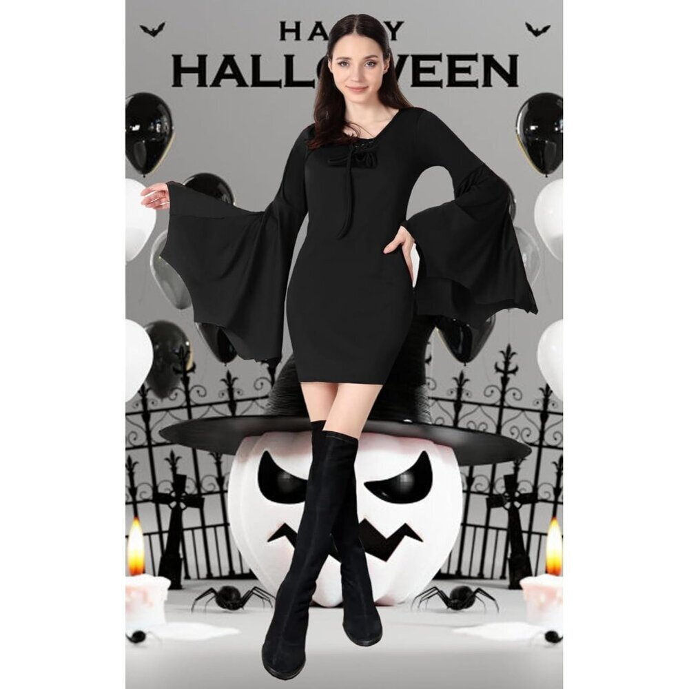 Women's Black Halloween Long Wide Sleeves Addams Costume Wrap Gothic Witch Dress - Picture 5 of 6